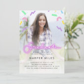 80s retro roze neon pastel afstuderen foto kaart (Staand voorkant)