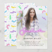 80s retro roze neon pastel afstuderen foto kaart (Voorkant / Achterkant)