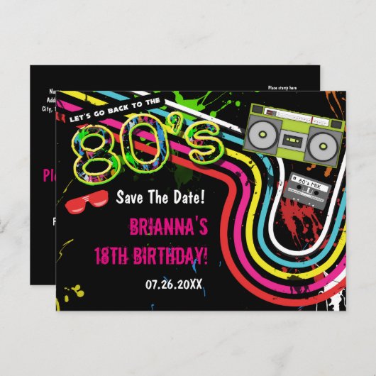 80's Retro Verjaardagsfeest Save The Date Briefkaa Aankondigingskaart (Voorkant / Achterkant)