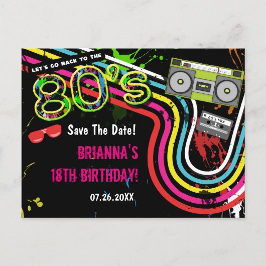 80's Retro Verjaardagsfeest Save The Date Briefkaa Aankondigingskaart (Voorkant)