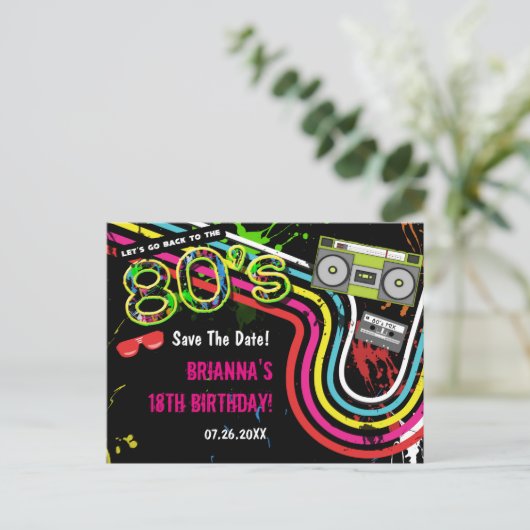 80's Retro Verjaardagsfeest Save The Date Briefkaa Aankondigingskaart (Staand voorkant)