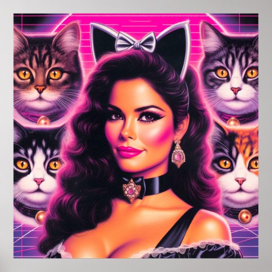 80s Retrowave Cat Woman Poster (Voorkant)