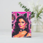 80s Retrowave Kat Vrouw Briefkaart (Staand voorkant)