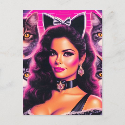 80s Retrowave Kat Vrouw Briefkaart (Voorkant)