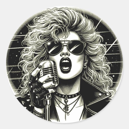 80s Rocker chick vrouw zangeres inktillustratie Ronde Sticker (Voorkant)