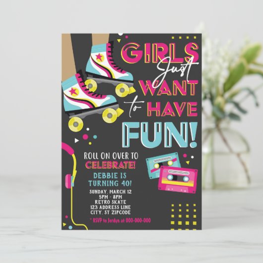 80s Roller Schaats Party Invitation, Schaats Birth Kaart (Staand voorkant)
