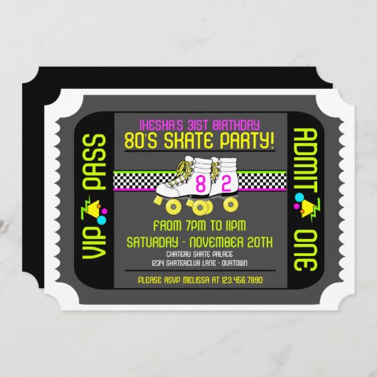 80s Rollerskate Ticket Style Party-uitnodigingen Kaart (Voorkant / Achterkant)