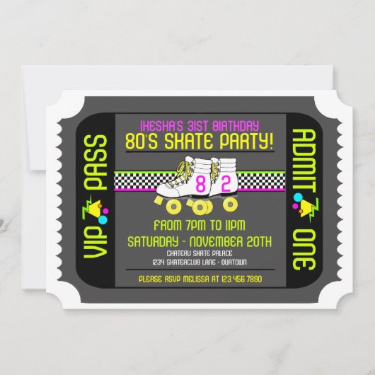 80s Rollerskate Ticket Style Party-uitnodigingen Kaart (Voorkant)