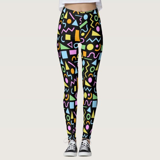80s Stijl Vorm Patroon Kleur op Zwart Leggings (Voorkant)