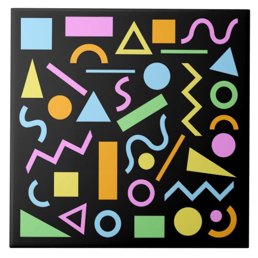 80s Stijl Vorm Patroon Kleur op Zwart Tegeltje (Voorkant)