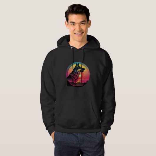 80s Synthwave German Shepherd with a Retro Aesthet Hoodie (Voorkant volledig)