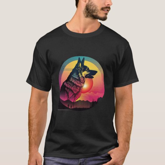 80s Synthwave German Shepherd with a Retro Aesthet T-shirt (Voorkant)