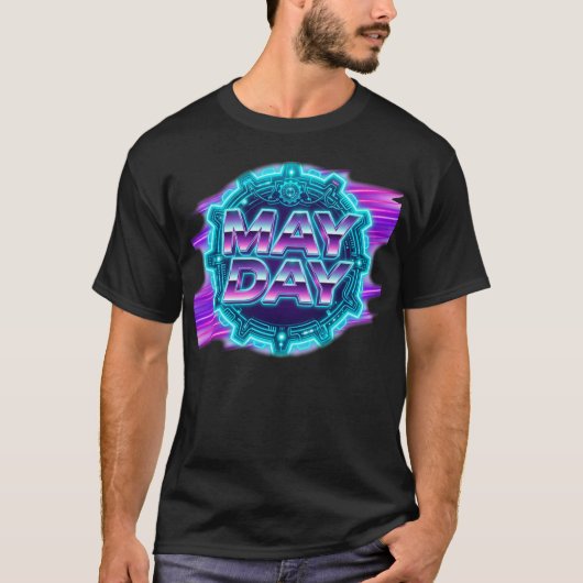 80s Synthwave "May Day" Neon Grafisch Heren- T-shirt (Voorkant)