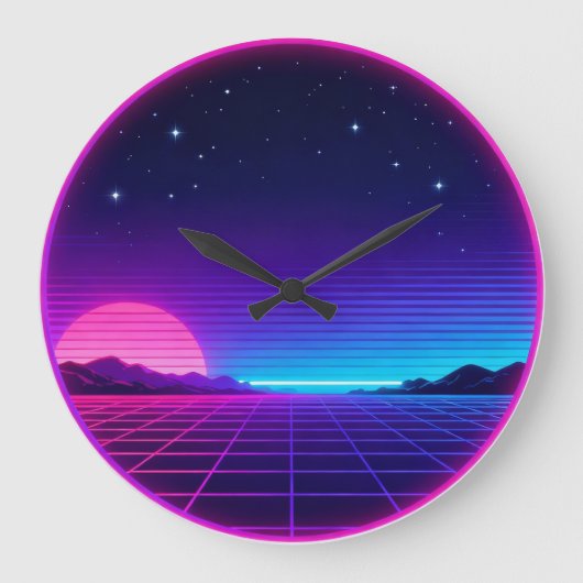 80s Synthwave Neon Sunset Circle Geometric Graphic Grote Klok (Voorkant)