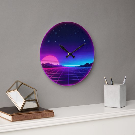 80s Synthwave Neon Zonsondergang Cirkel Geometrisc Grote Klok (Kantoor)