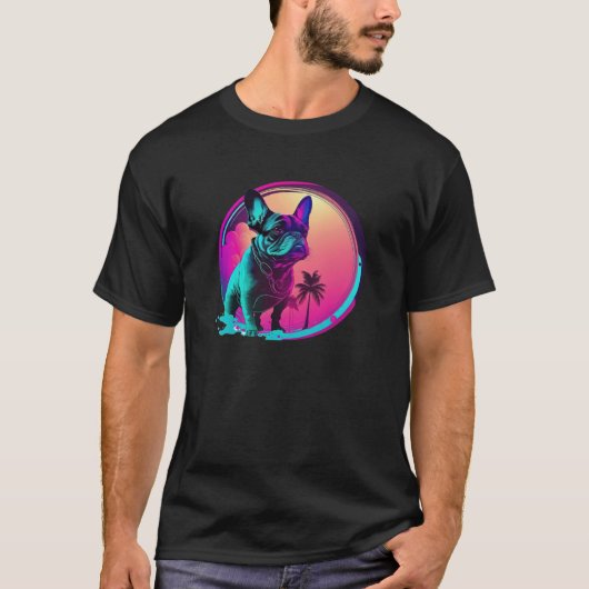 80s Synthwave Retrowave with French Bulldog Aesthe T-shirt (Voorkant)