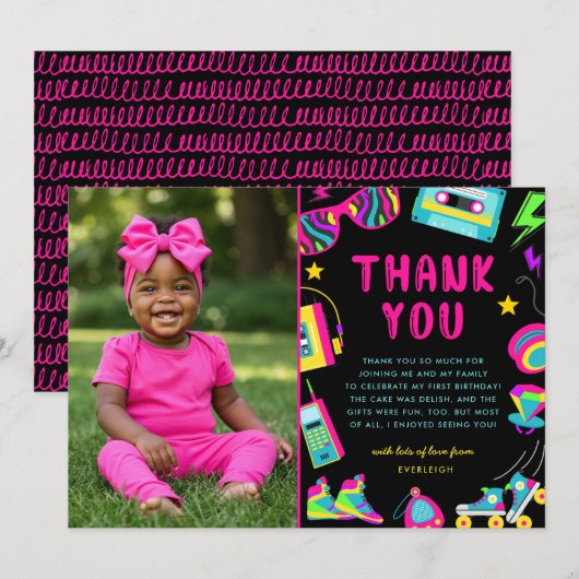 80s thema meisjes verjaardag foto bedankkaart (Voorkant / Achterkant)