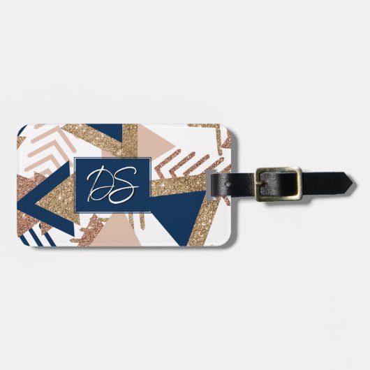 80s Trendy Abstract | Navy en Roos Gold Monogram Bagagelabel (Voorkant horizontaal)