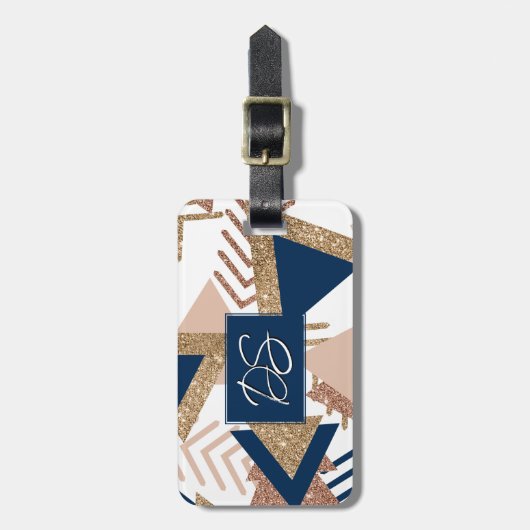 80s Trendy Abstract | Navy en Roos Gold Monogram Bagagelabel (Voorkant verticaal)