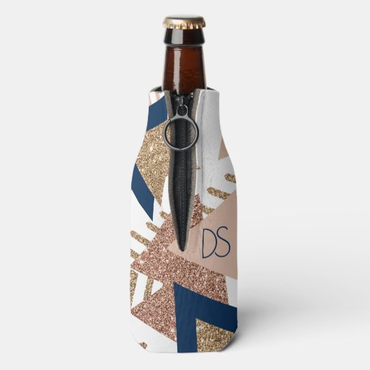 80s Trendy Abstract | Navy en Roos Gold Monogram Flesjeskoeler (Fles Achterkant)