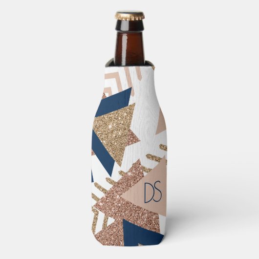 80s Trendy Abstract | Navy en Roos Gold Monogram Flesjeskoeler (Fles Voorkant)