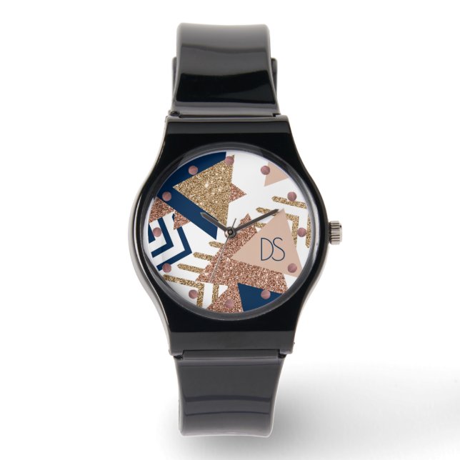 80s Trendy Abstract | Navy en Roos Gold Monogram Horloge (Voorkant)
