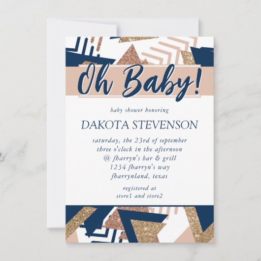 80s Trendy Abstract | Navy en Roos Gold Oh Baby Kaart (Voorkant)