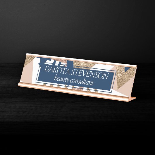 80s Trendy Abstract | Navy en Roos Gold Pattern Bureau Naambordje