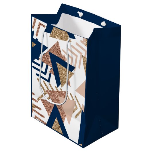 80s Trendy Abstract | Navy en Roos Gold Pattern Medium Cadeauzakje (Voorkant Gekanteld)