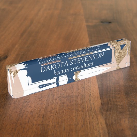 80s Trendy Abstract | Navy en Roos Gold Pattern Naambordje (Zijkant)