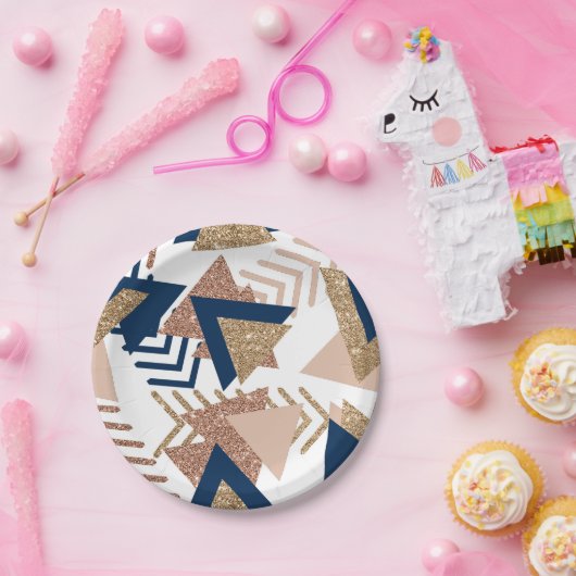 80s Trendy Abstract | Navy en Roos Gold Pattern Papieren Bordje (Feest)