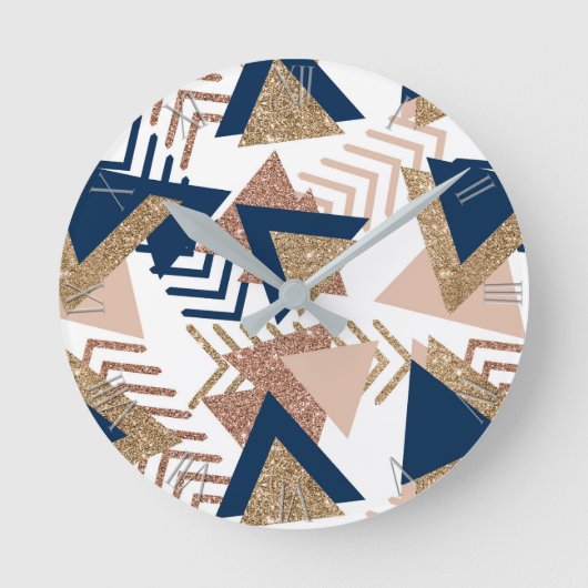 80s Trendy Abstract | Navy en Roos Gold Pattern Ronde Klok (Voorkant)