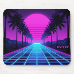 80s Vaporwave Neon Grid Bureaumat met Palmboom Muismat