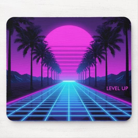 80s Vaporwave Neon Grid Bureaumat met Palmboom Muismat (Voorkant)