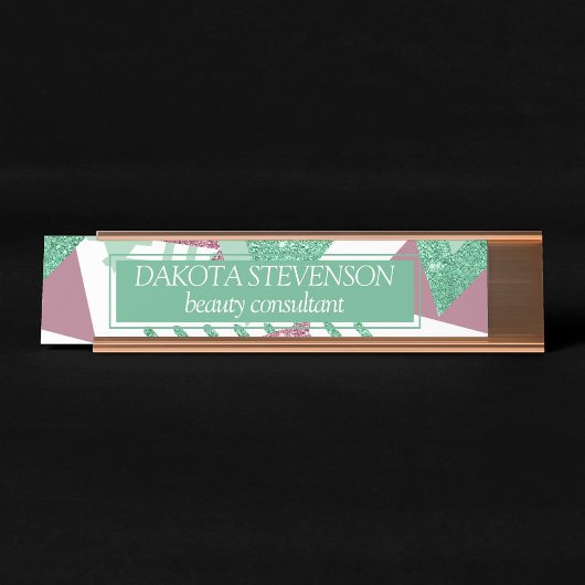 80s Vers Abstract | Roze en Groen Vormenpatroon Bureau Naambordje