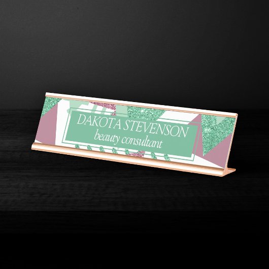 80s Vers Abstract | Roze en Groen Vormenpatroon Bureau Naambordje