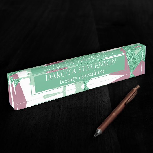 80s Vers Abstract | Roze en Groen Vormenpatroon Naambordje