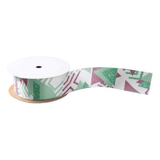 80s Vers Abstract | Roze en Groen Vormenpatroon Satijnen Lint (Spoel)