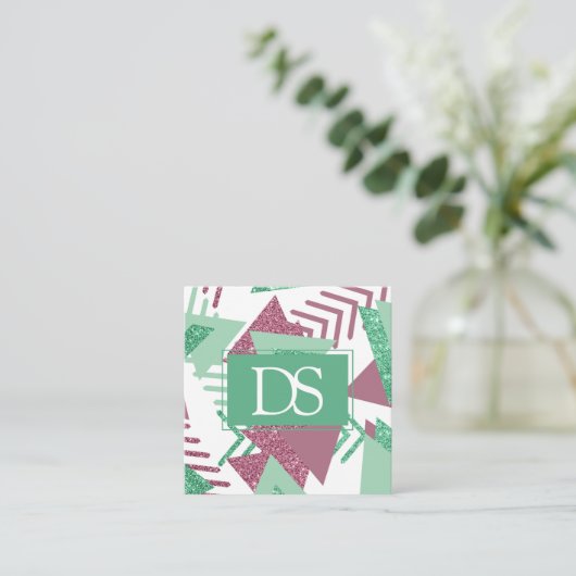 80s Vers Abstract | Roze en Groene Vorm Monogram Contactkaartje (Staand voorkant)
