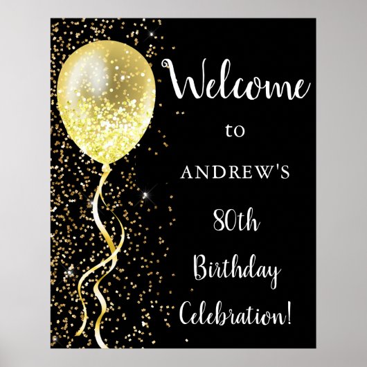 80ste | Black & Gold Glitter Verjaardag Welkom Poster (Voorkant)