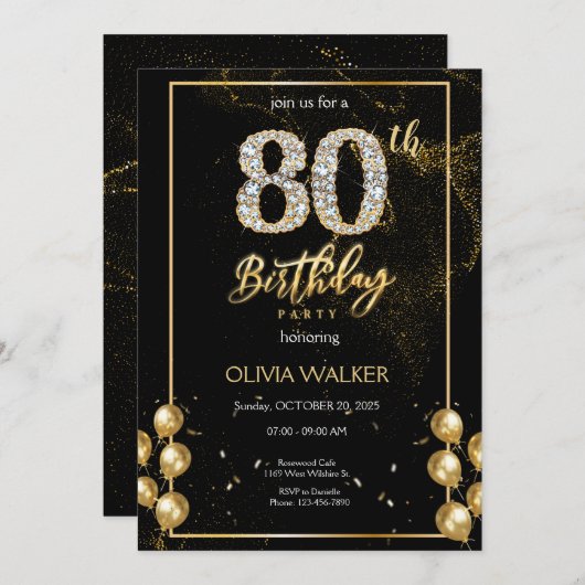 80ste Diamond Zwart en Goud Verjaardag Kaart (Voorkant / Achterkant)