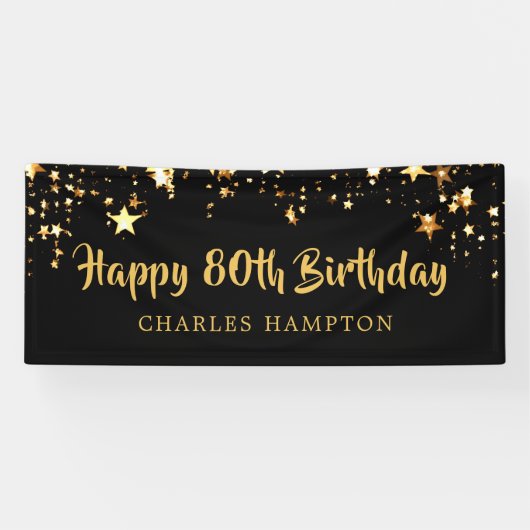 80ste Happy Birthday Black Gold Stars of Jouw teks Spandoek (Horizontaal)