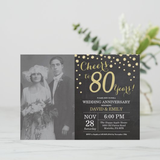 80ste Jubileum-bord (Chalkboard Black en Gold) Kaart (Staand voorkant)