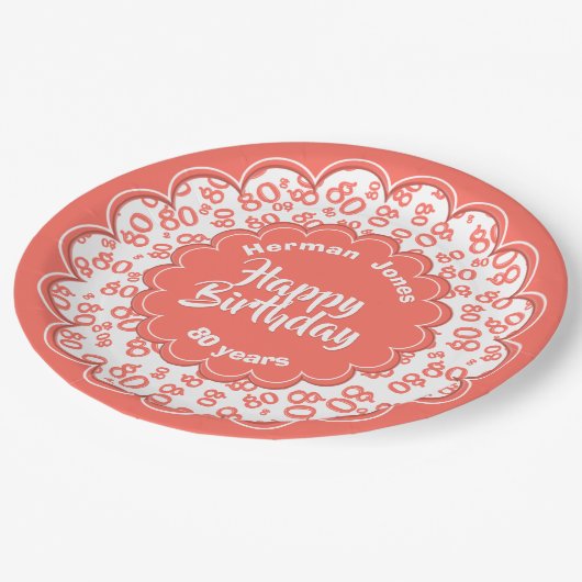 80ste koraal/wit willekeurig getallenpatroon papieren bordje (Gekanteld)