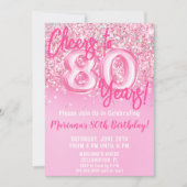 80ste roze glitter verjaardagsfeestje kaart (Voorkant)