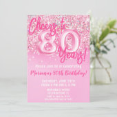 80ste roze glitter verjaardagsfeestje kaart (Staand voorkant)