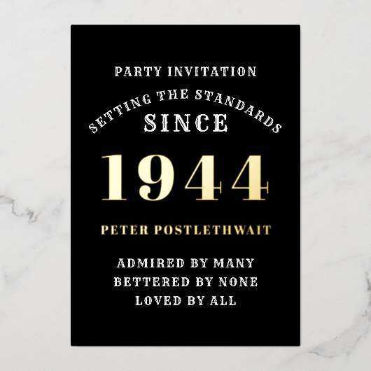 80ste verjaardag 1944 Zwart goud gepersonaliseerd  Folie Uitnodiging (Voorkant)