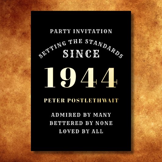 80ste verjaardag 1944 Zwart goud gepersonaliseerd  Folie Uitnodiging