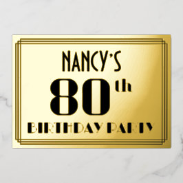 80ste verjaardag: Art Deco Kijk "80" en naam Folie Uitnodiging
