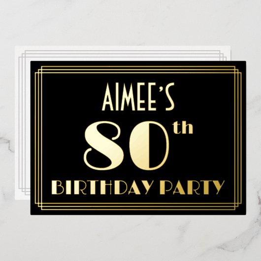 80ste verjaardag: Art Deco Kijk "80", met naam Folie Uitnodiging (Voorkant / Achterkant)
